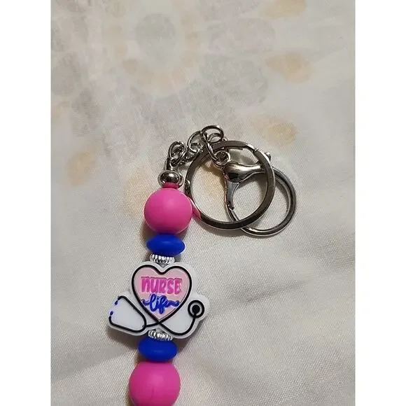 Silicone Bead Keychain 'Nurse Life' Pink & Blue Stethoscope Handmade - Picture 4 of 4